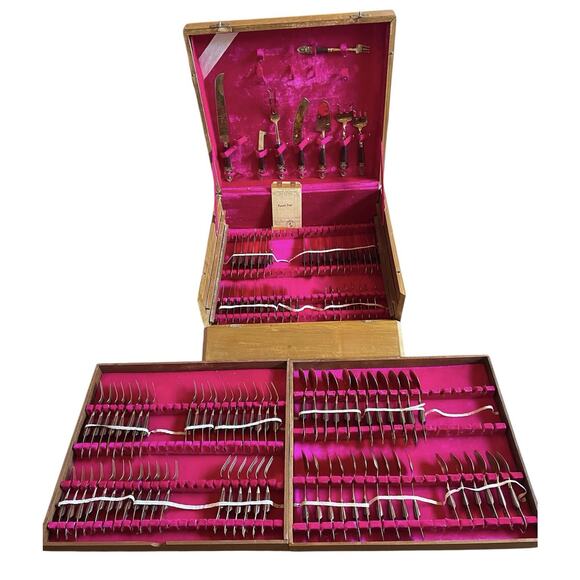 VTG. MCM Siam Thailand Silverware Set Bronze Brass Rosewood 113pc With Papers - Picture 1 of 16